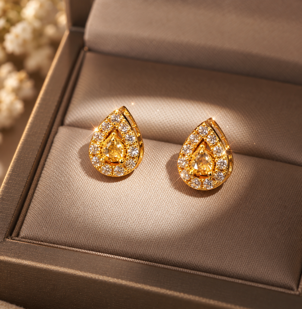 Golden Teardrop Crystal Halo Stud Earrings