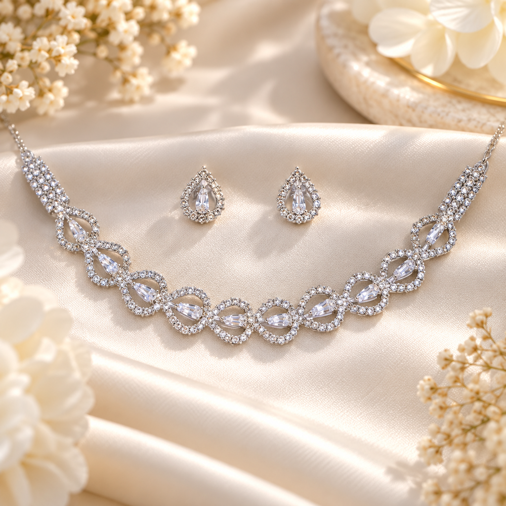Silver Teardrop Crystal Halo necklace set