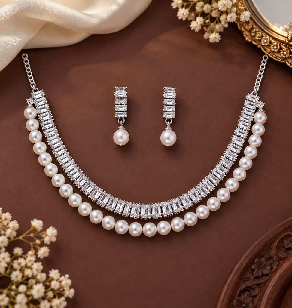 Silver Crystal & Pearl Necklace Set with Matching Drop Earrings