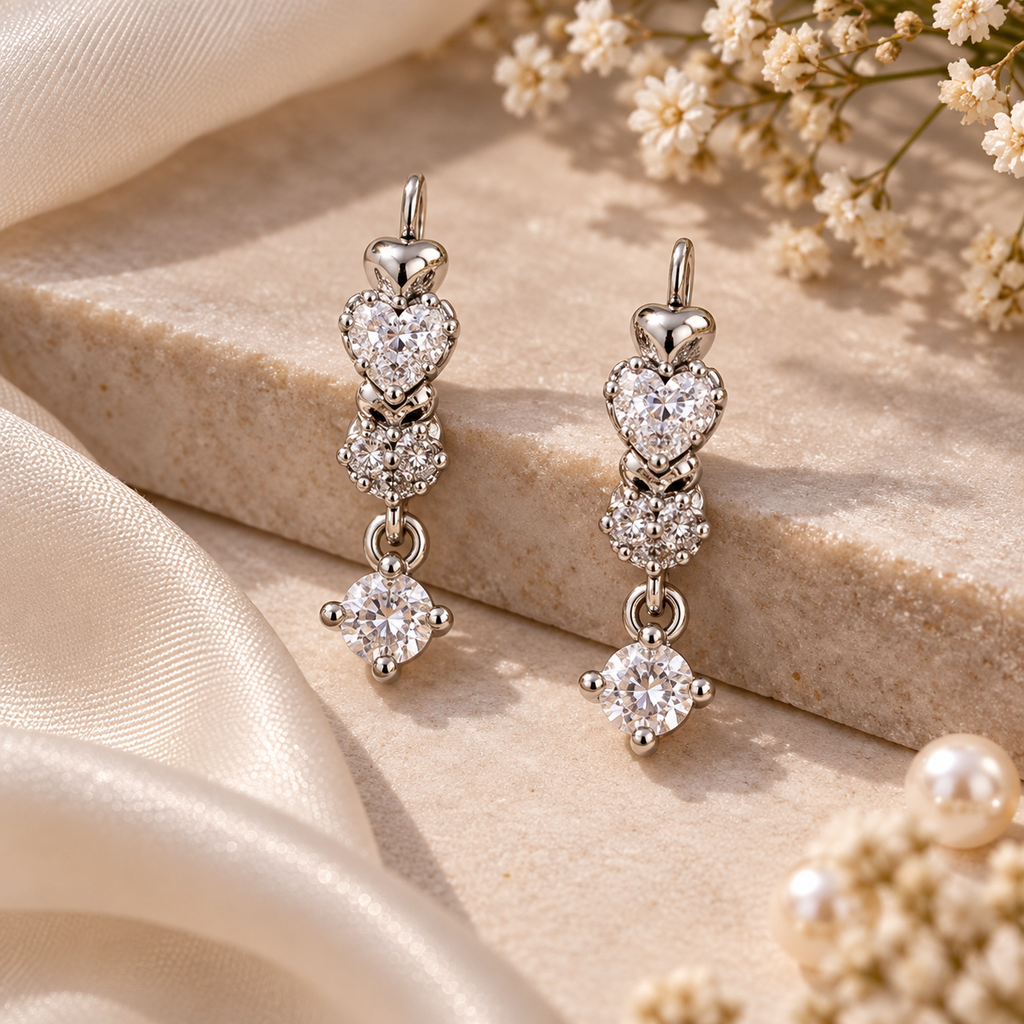 Silver Heart Crystal Drop Earrings