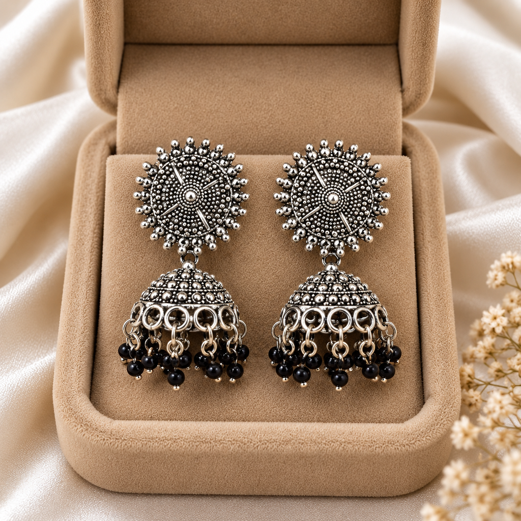 Royal Oxidized Silver Black Bead Jhumka Earrings