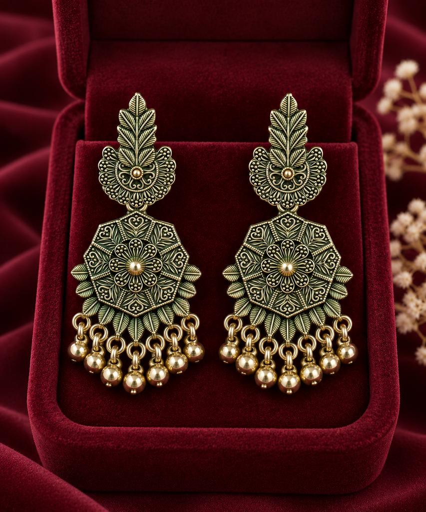 Sage Green Floral Antique Jhumka Earrings