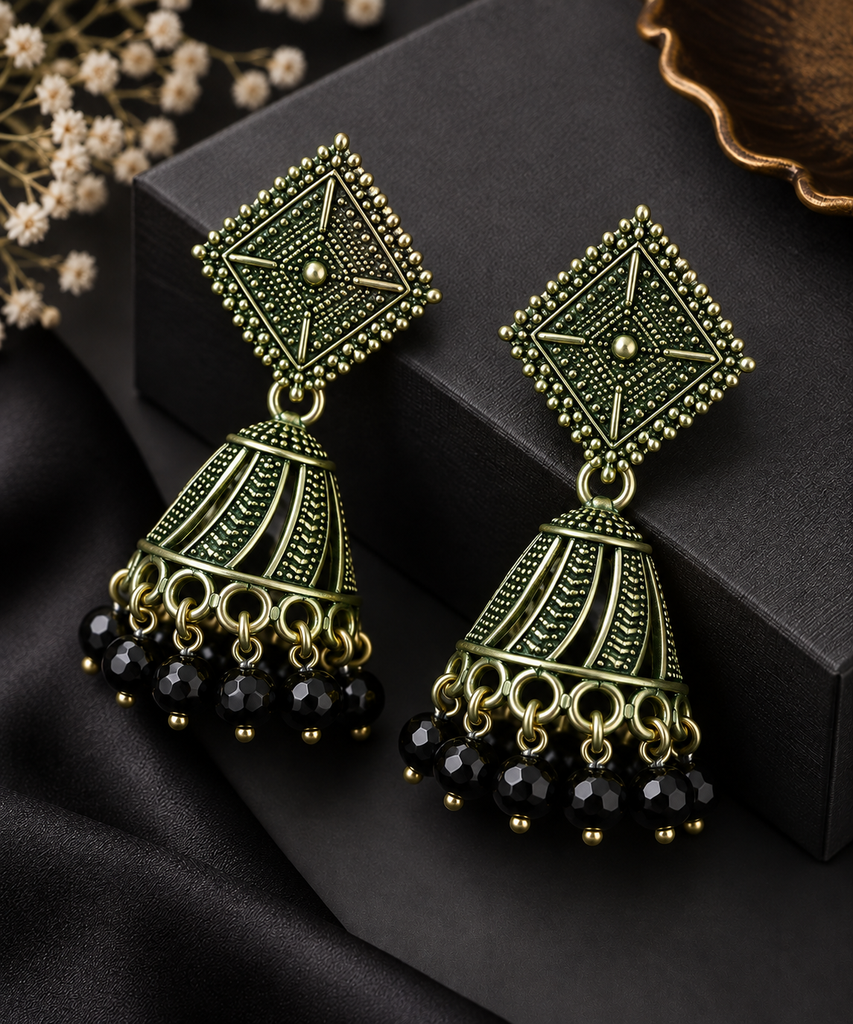Emerald Glow Black Beaded Jhumka