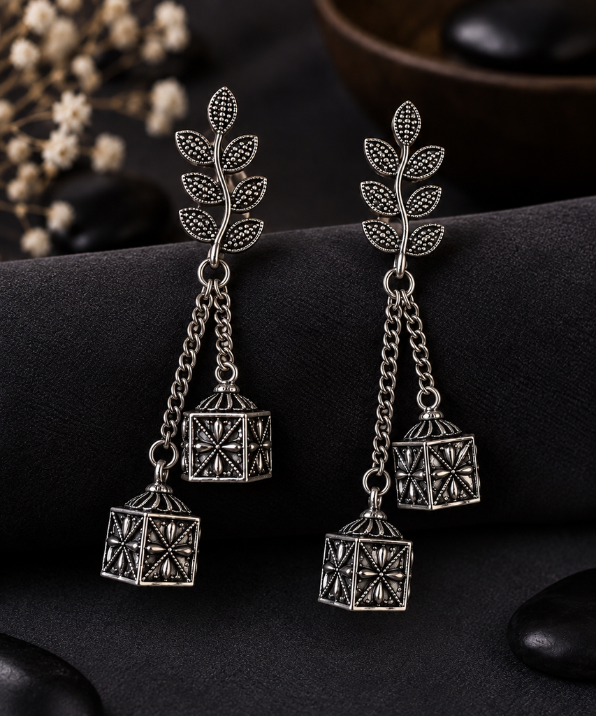 Oxidized Silver Leaf Chain Jhumka
