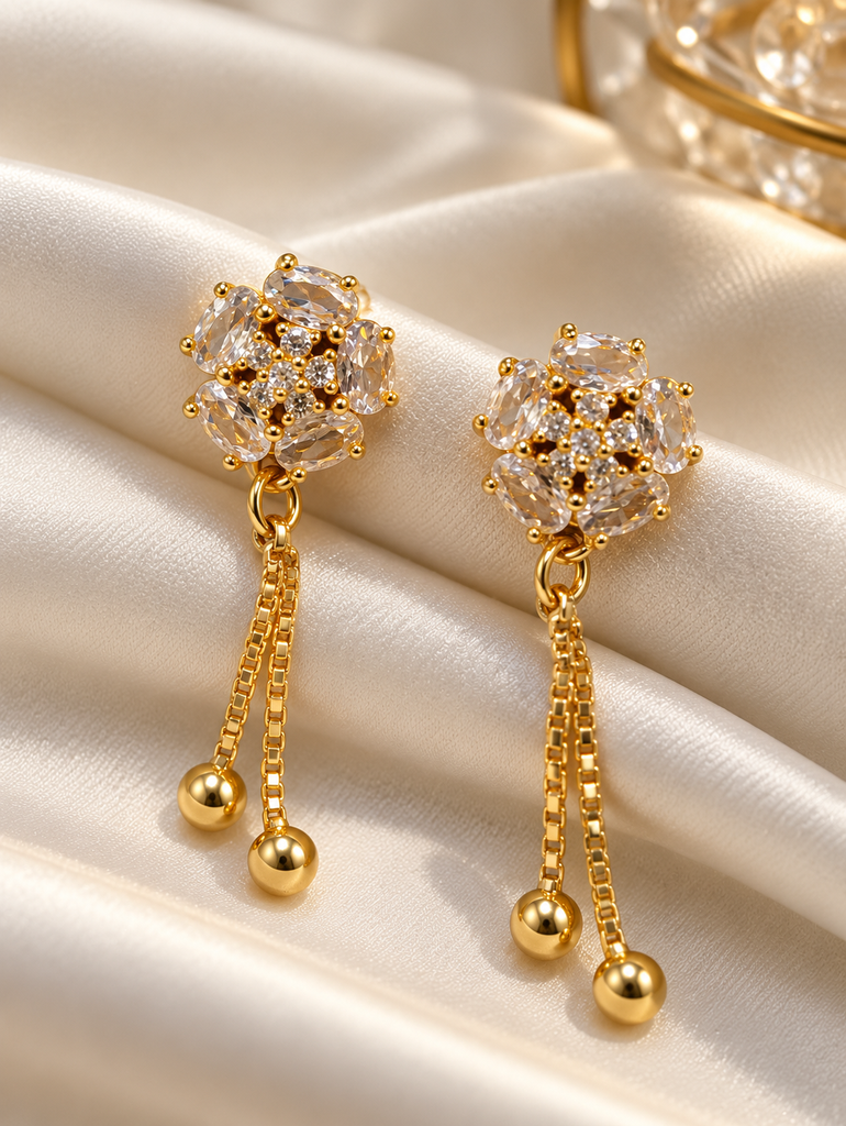 Golden Floral Crystal Double-Drop Earrings