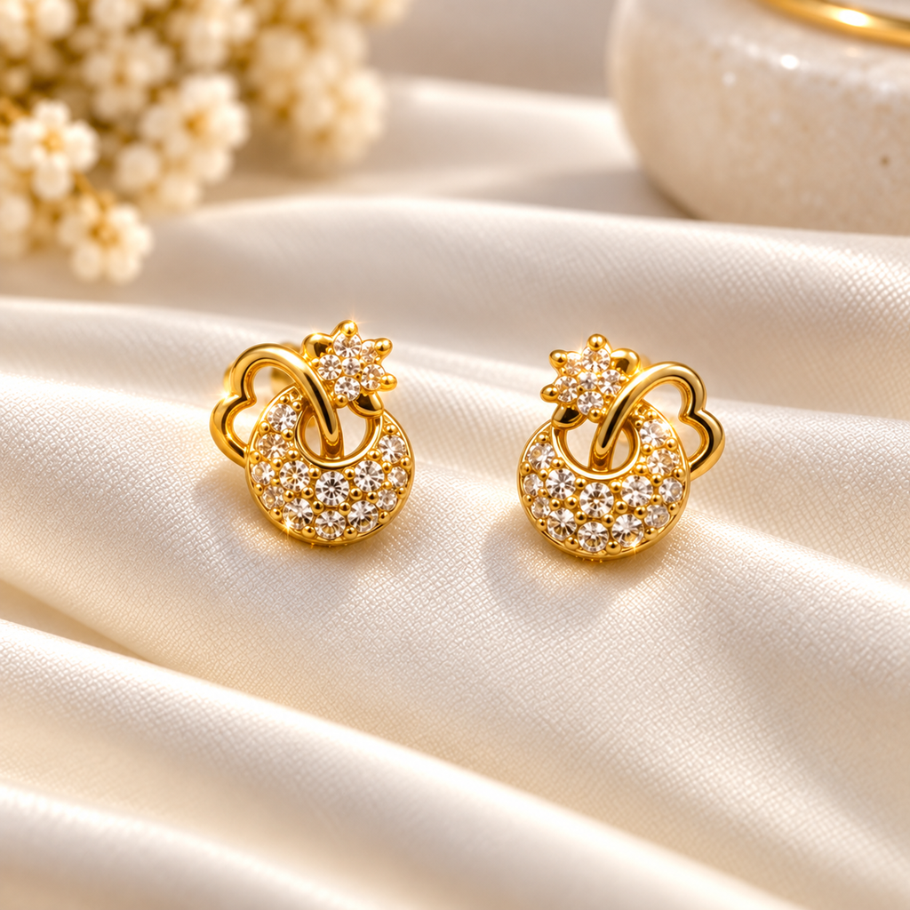 Golden Floral Crystal Loop Stud Earrings